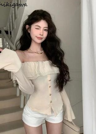 2025 Off-Shoulder Crop Top for Women – Long Sleeve Ruffle Design with Single-Breasted Front & Side Slit – Y2K Style T-Shirt