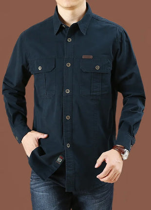 2023 Men’s Spring Cotton Shirt – Long Sleeve Casual Overshirt with Military-Inspired Design – High-Quality Brand Style (Black, Up to 5XL)