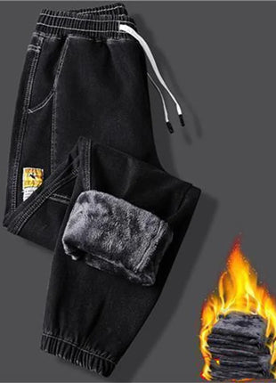 Men’s Winter Fleece-Lined Jeans – Thick Warm Denim Joggers with Cargo Pockets – Streetwear Harem Pants in Black