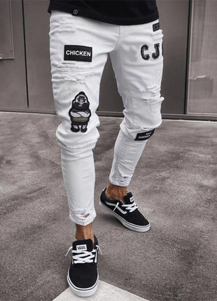 Men’s White Embroidered Skinny Jeans – Stretch Cotton Slim Fit with Ripped Details – Hip-Hop Style Casual Denim Pants