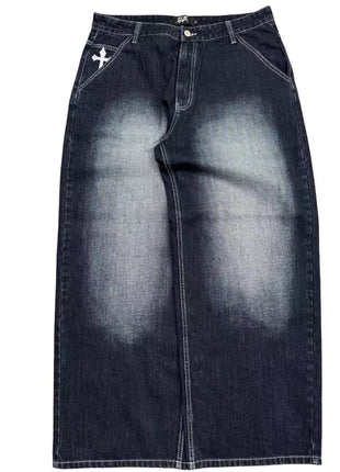 Men’s Vintage Wash Y2K Jeans – Wide-Leg Streetwear Pants with Pocket Cross Embroidery – European & American Punk Style