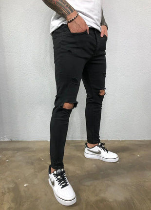Men’s Ripped Skinny Streetwear Jeans – Hip-Hop Style Stretch Denim – Solid Color Casual Pants with Distressed Details