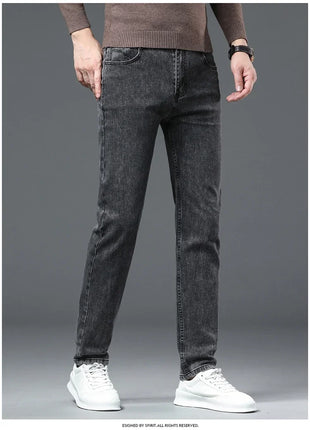 2025 Spring Men’s Straight-Leg Jeans – Elastic Mid-Waist Fit in Smoke Gray & Black – Classic Casual Denim Trousers