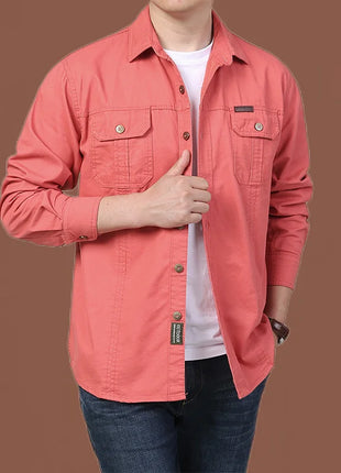 2023 Men’s Spring Cotton Shirt – Long Sleeve Casual Overshirt with Military-Inspired Design – High-Quality Brand Style (Black, Up to 5XL)