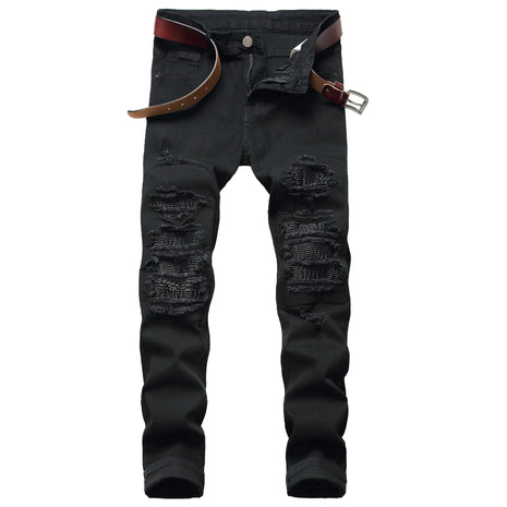 Men’s Slim Fit High Street Jeans – Distressed Style with Ripped Details and Black Peak Accents