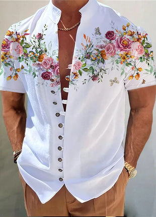 Men’s Printed Button-Up Shirt – Fashionable Stand Collar Design with Loose Fit – Comfortable Casual Streetwear