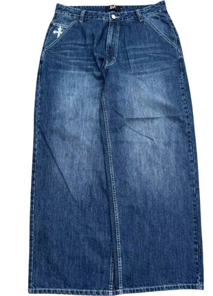 Men’s Vintage Wash Y2K Jeans – Wide-Leg Streetwear Pants with Pocket Cross Embroidery – European & American Punk Style