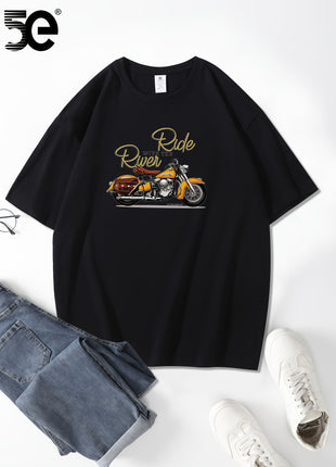 5E Men’s Casual T-Shirt – 100% Cotton Crew Neck Tee with Motorcycle Print – Heavyweight 230gsm Knit Fabric
