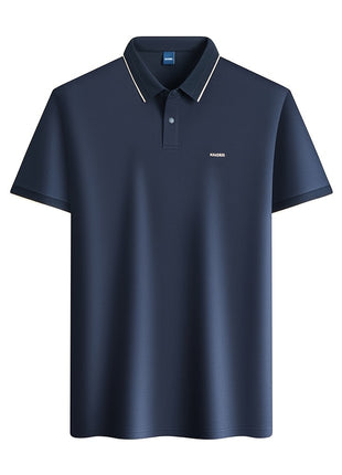 KAISER Men’s 100% Cotton Short Sleeve Shirt – Navy Blue with Beige Contrast Collar & Logo – Casual Button-Up for Summer