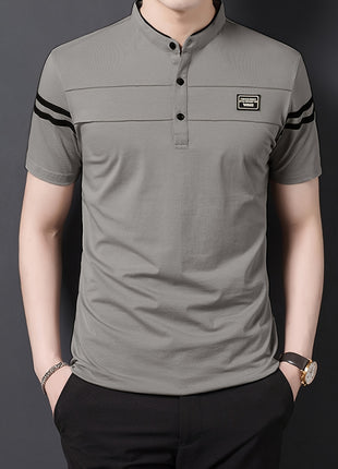 Men’s Black Polo Shirt with White Stripes – Short Sleeve Summer Tee with Stand Collar, Button-Up Closure – Polyester Knit for Sports, Outdoor, and Casual Wear