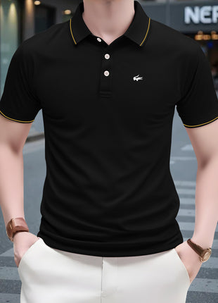2025 Men’s Casual Polo Shirt – Regular Fit with Simple Crocodile & Geometric Patterns – Breathable Stretch Polyester Knit, Lapel Collar with Button Detail & Contrast Yellow Edging