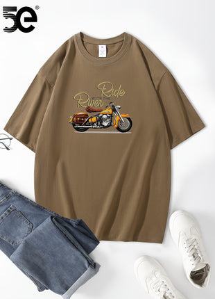 5E Men’s Casual T-Shirt – 100% Cotton Crew Neck Tee with Motorcycle Print – Heavyweight 230gsm Knit Fabric