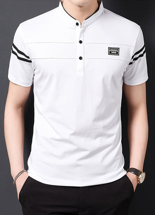 Men’s Black Polo Shirt with White Stripes – Short Sleeve Summer Tee with Stand Collar, Button-Up Closure – Polyester Knit for Sports, Outdoor, and Casual Wear
