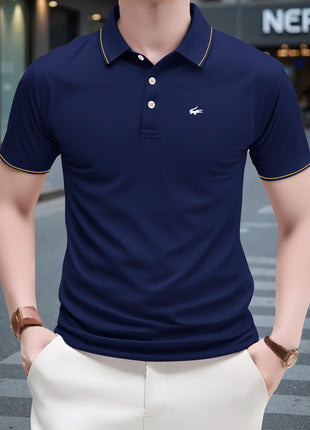 2025 Men’s Casual Polo Shirt – Regular Fit with Simple Crocodile & Geometric Patterns – Breathable Stretch Polyester Knit, Lapel Collar with Button Detail & Contrast Yellow Edging