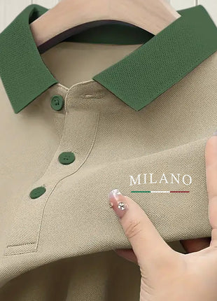 Milano-Inspired Men’s Polo Shirt – Beige with Green Collar & Button Accents – Elegant Henley-Style Design, Breathable Fabric for Summer Business Casual