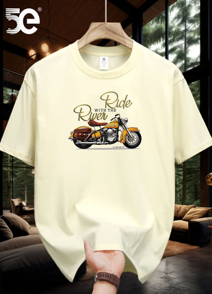 5E Men’s Casual T-Shirt – 100% Cotton Crew Neck Tee with Motorcycle Print – Heavyweight 230gsm Knit Fabric