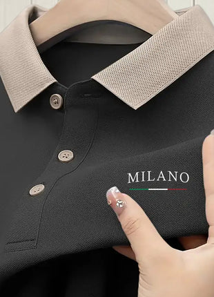Milano-Inspired Men’s Polo Shirt – Beige with Green Collar & Button Accents – Elegant Henley-Style Design, Breathable Fabric for Summer Business Casual