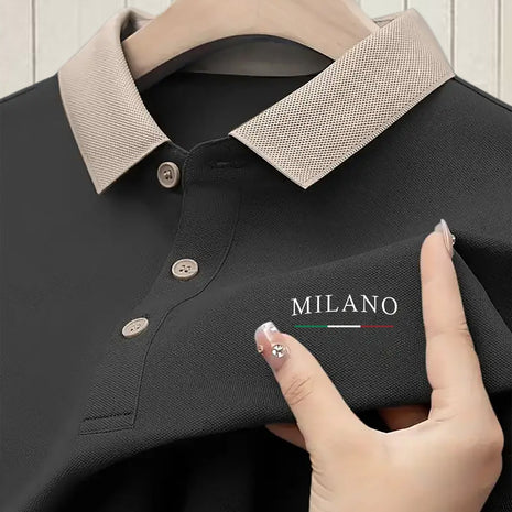 Milano-Inspired Men’s Polo Shirt – Beige with Green Collar & Button Accents – Elegant Henley-Style Design, Breathable Fabric for Summer Business Casual
