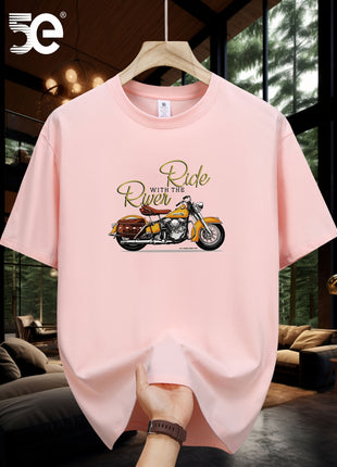 5E Men’s Casual T-Shirt – 100% Cotton Crew Neck Tee with Motorcycle Print – Heavyweight 230gsm Knit Fabric
