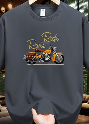 5E Men’s Casual T-Shirt – 100% Cotton Crew Neck Tee with Motorcycle Print – Heavyweight 230gsm Knit Fabric