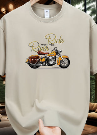 5E Men’s Casual T-Shirt – 100% Cotton Crew Neck Tee with Motorcycle Print – Heavyweight 230gsm Knit Fabric
