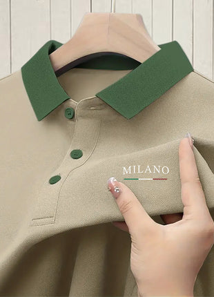 Milano-Inspired Men’s Polo Shirt – Beige with Green Collar & Button Accents – Elegant Henley-Style Design, Breathable Fabric for Summer Business Casual