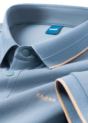 KAISER Men’s 100% Cotton Short Sleeve Shirt – Navy Blue with Beige Contrast Collar & Logo – Casual Button-Up for Summer