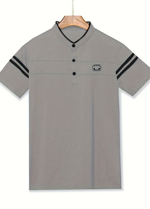 Men’s Black Polo Shirt with White Stripes – Short Sleeve Summer Tee with Stand Collar, Button-Up Closure – Polyester Knit for Sports, Outdoor, and Casual Wear