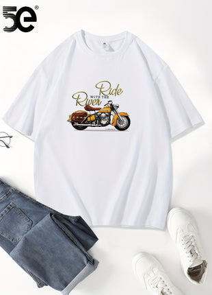 5E Men’s Casual T-Shirt – 100% Cotton Crew Neck Tee with Motorcycle Print – Heavyweight 230gsm Knit Fabric