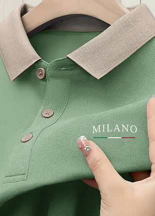 Milano-Inspired Men’s Polo Shirt – Beige with Green Collar & Button Accents – Elegant Henley-Style Design, Breathable Fabric for Summer Business Casual