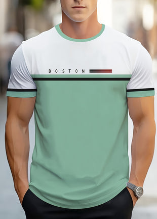 Men’s Casual Mesh T-Shirt – Breathable Polyester, Short Sleeve Crew Neck with Geometric Print