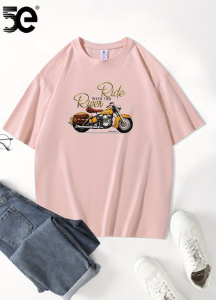 5E Men’s Casual T-Shirt – 100% Cotton Crew Neck Tee with Motorcycle Print – Heavyweight 230gsm Knit Fabric
